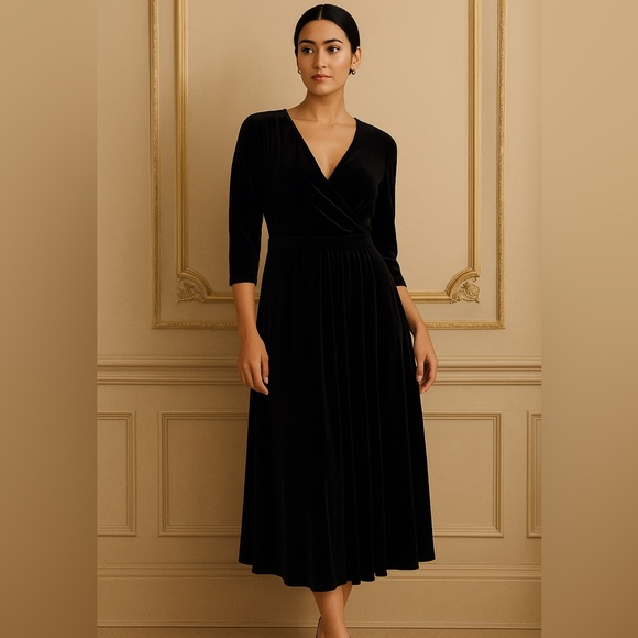 Chaus Women's Black V-Neck Midi Velvet Dress Size Medium 3/4” Sleeve - Picture 1 of 8